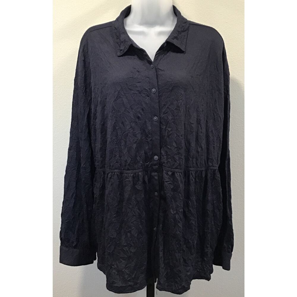 Frye & Co Ruffle Peplum Knit Button Down Blouse Crinkle Long‎ Sleeve Navy XL